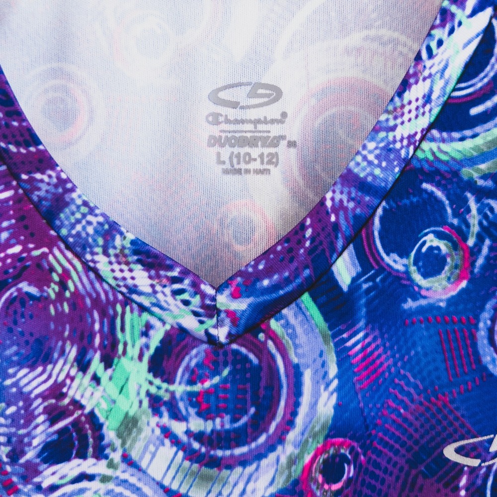 Champion Duo Dry Shirt Girls L 10-12 Purple‎ Blue Abstract Print Activewear Tee - Picture 3 of 5
